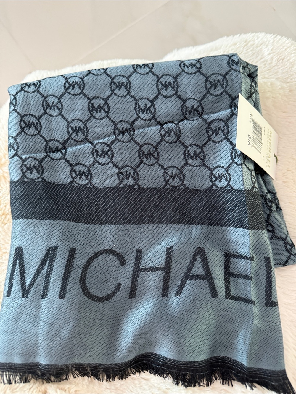 Michael Kors MK Logo Scarf Blue Black Monogram Lightweight Fringe Designer NWT